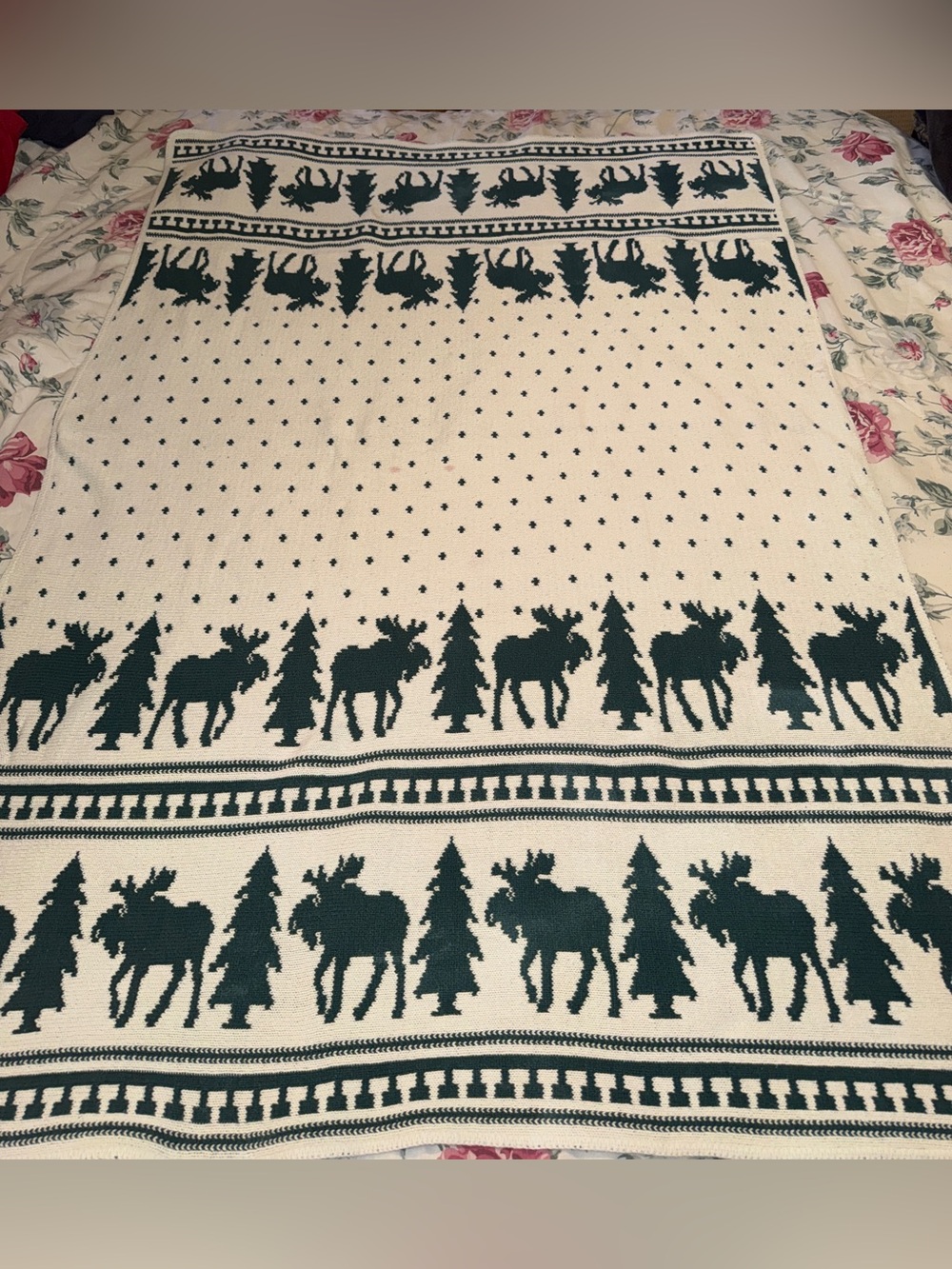 Vintage Alps Knit Blanket Green Cream Moose Cabin Lodge Throw - Picture 2 of 5